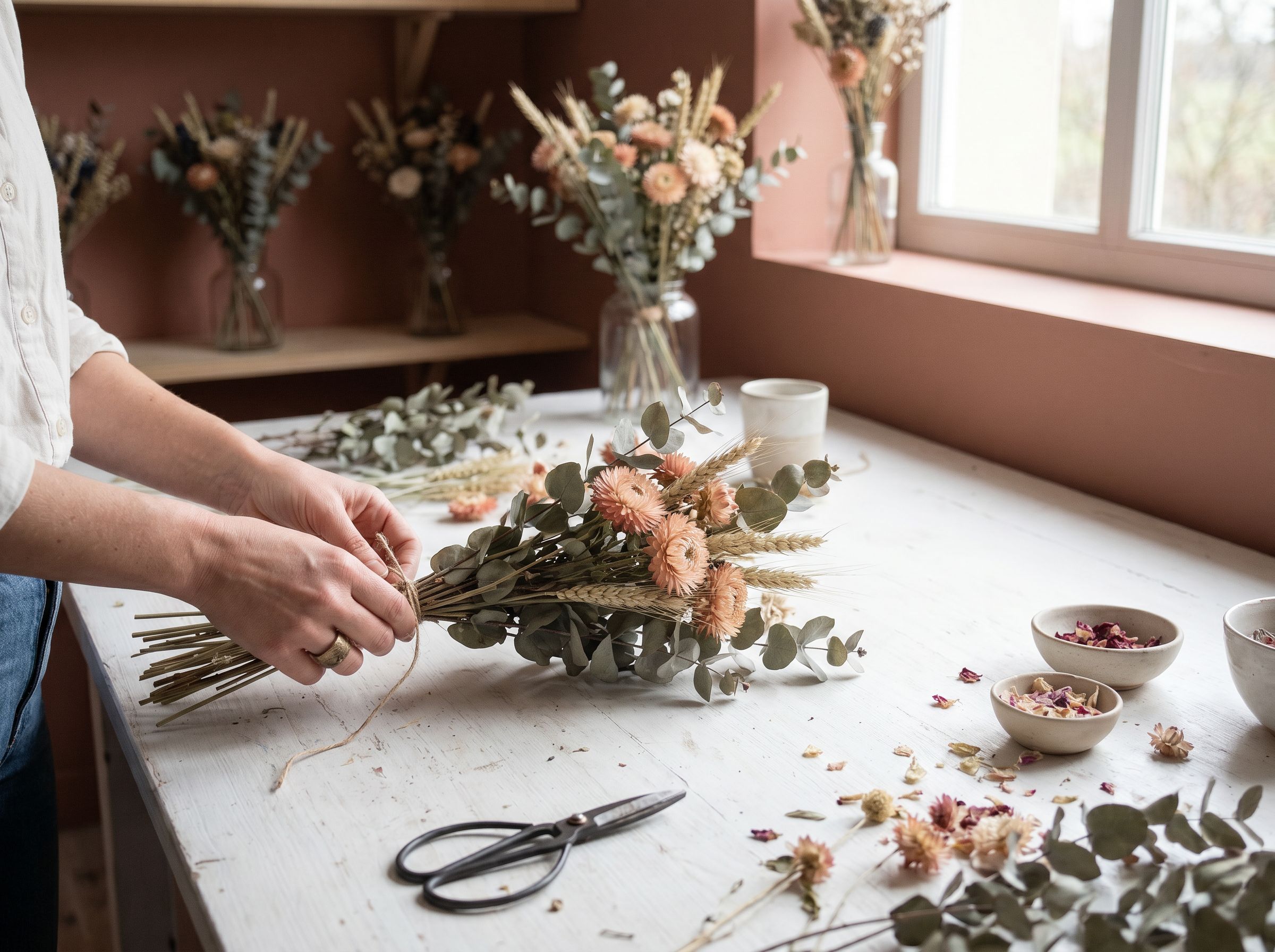 L'atelier — composition à la main de bouquets de fleurs séchées.